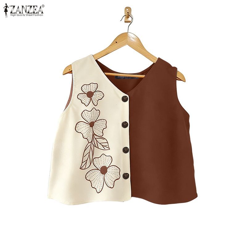 ZANZEA เสื้อกล้ามแขนกุดสำหรับผู้หญิง ในสไตล์เกาหลีวินเทจ ดีไซน์ลายดอกไม้และคอวี พิมพ์สีสันสดใส