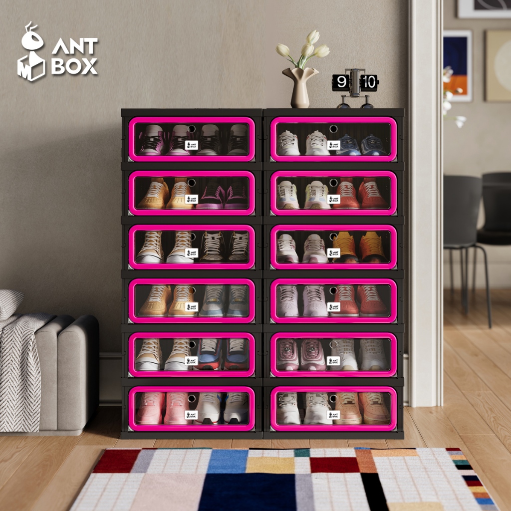 ANTBOX ตู้เก็บรองเท้าเทรนด์ใหม่ปี 2026 1 แถว สำหรับ สีดำสีแดง 6-12 คู่ ติดตั้งง่าย พับเก็บได้รวดเร็ว ตู้เก็บของอเนกประสงค์ ประตูใส ประตูแม่เหล็ก แข็งแรงทนทาน กันน้ำ กันแดด