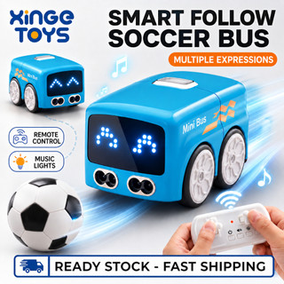 XinGe Smart Follow Soccer Bus Toy🚌⚽RC Mini Bus with LED Expressions, USB Rechargeable Remote Control Car, 4 Interactive Modes, Music Light Toy for Kids Boys Girls Gift