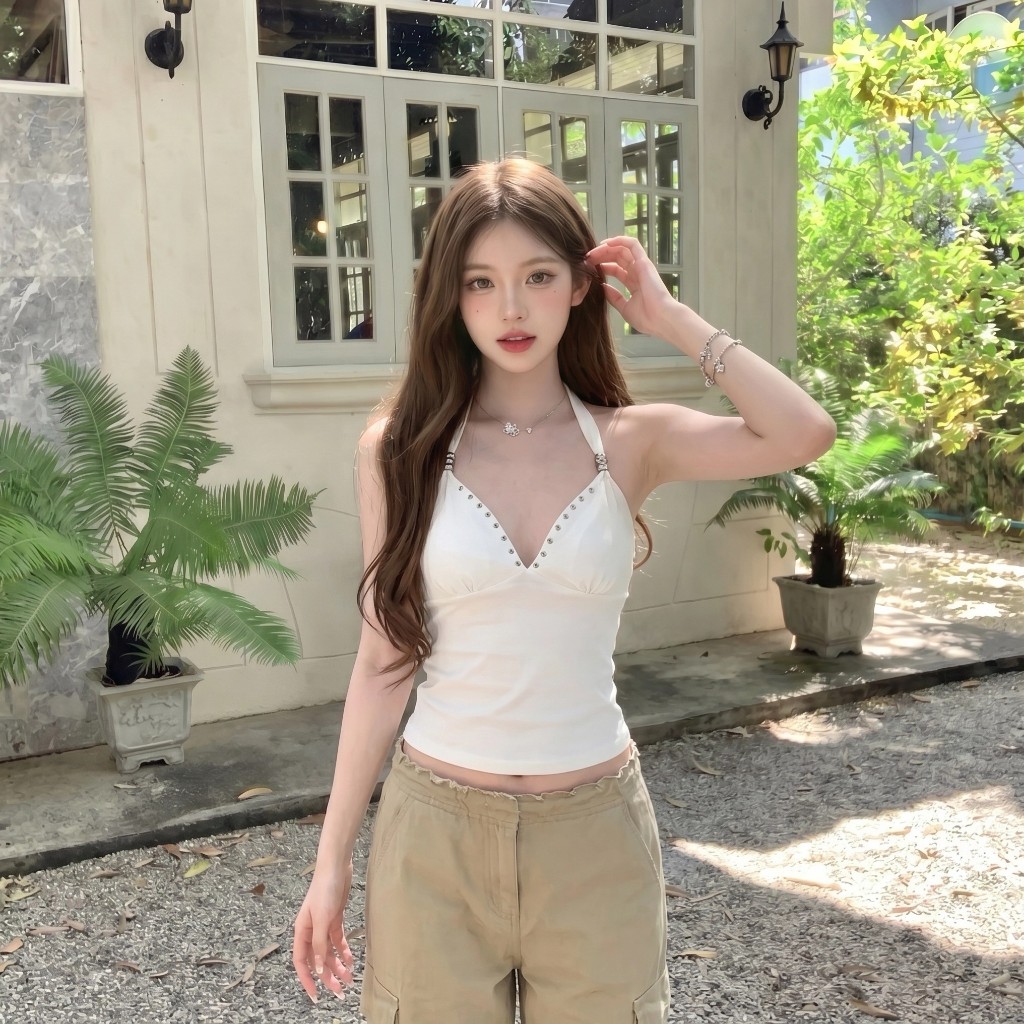เสื้อกล้ามผู้หญิงแขนกุดV-neck ตกแต่งคริสตัล สไตล์เกิร์ลหวาน เซ็กซี่สวมใส่สบาย