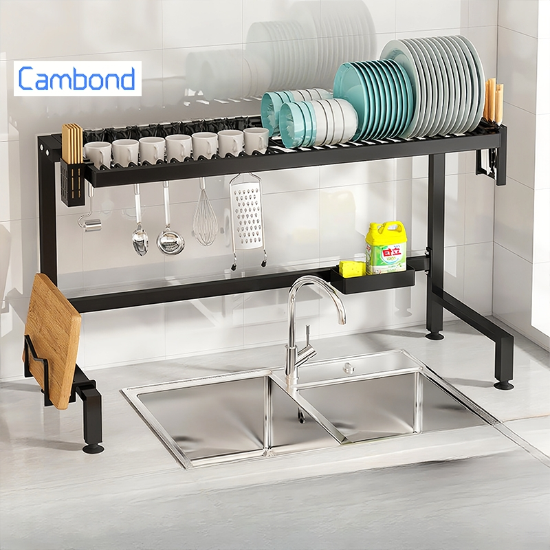 Cambond ชั้นวางจานคาร์บอนสตีล｜สำหรับพื้นที่เล็ก｜เหนืออ่างล้างจาน｜กันสนิม ระบายน้ำเร็ว｜1 ชั้น 75/85/95 ซม. / 2 ชั้น 55 ซม.