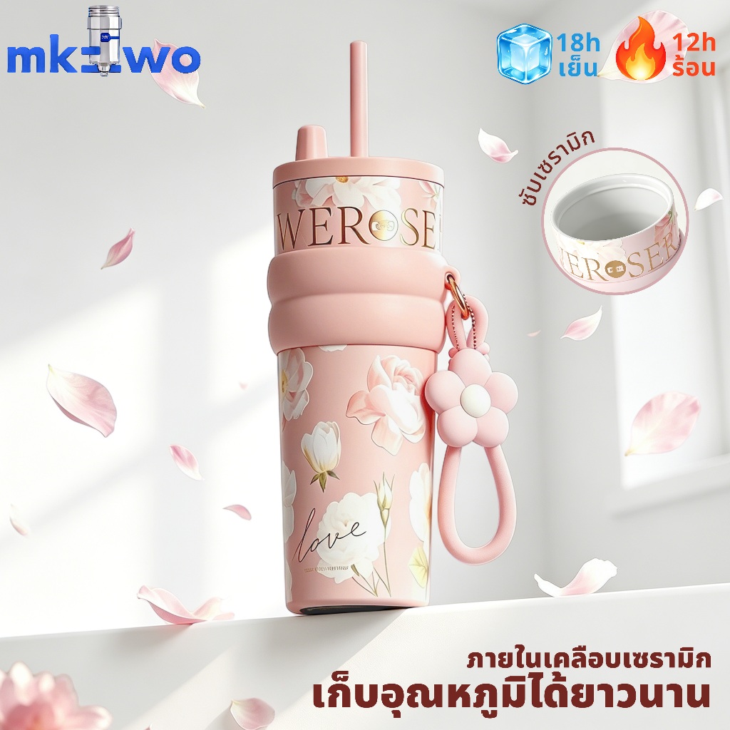 แก้วกาแฟสแตนเลสซับเซรามิกพร้อมฝาปิดกระติกน้ําสูญญากาศ Tumbler Floral Series