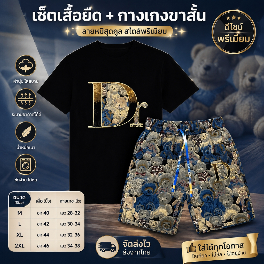 ชุดกางเกงขาสั้นแขนสั้นพิมพ์ลายตัวอักษรหมีสไตล์ยุโรปสําหรับผู้ชายแบรนด์อินเทรนด์กีฬา 2026 ฤดูร้อนใหม่ชุดผู้ชาย