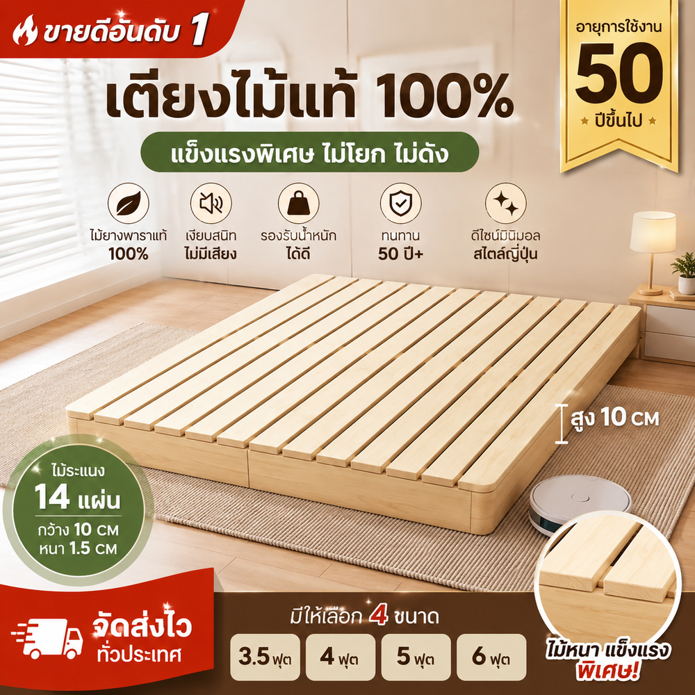 เตียงไม้ยางพาราแท้ 100% สไตล์มินิมอล แข็งแรงพิเศษ ไม่โยก ไม่ดัง รองรับน้ำหนักดี ฐานเตียงไม้ญี่ปุ่น 3.5/4/5/6 ฟุต เตียงนอนไม้จริง