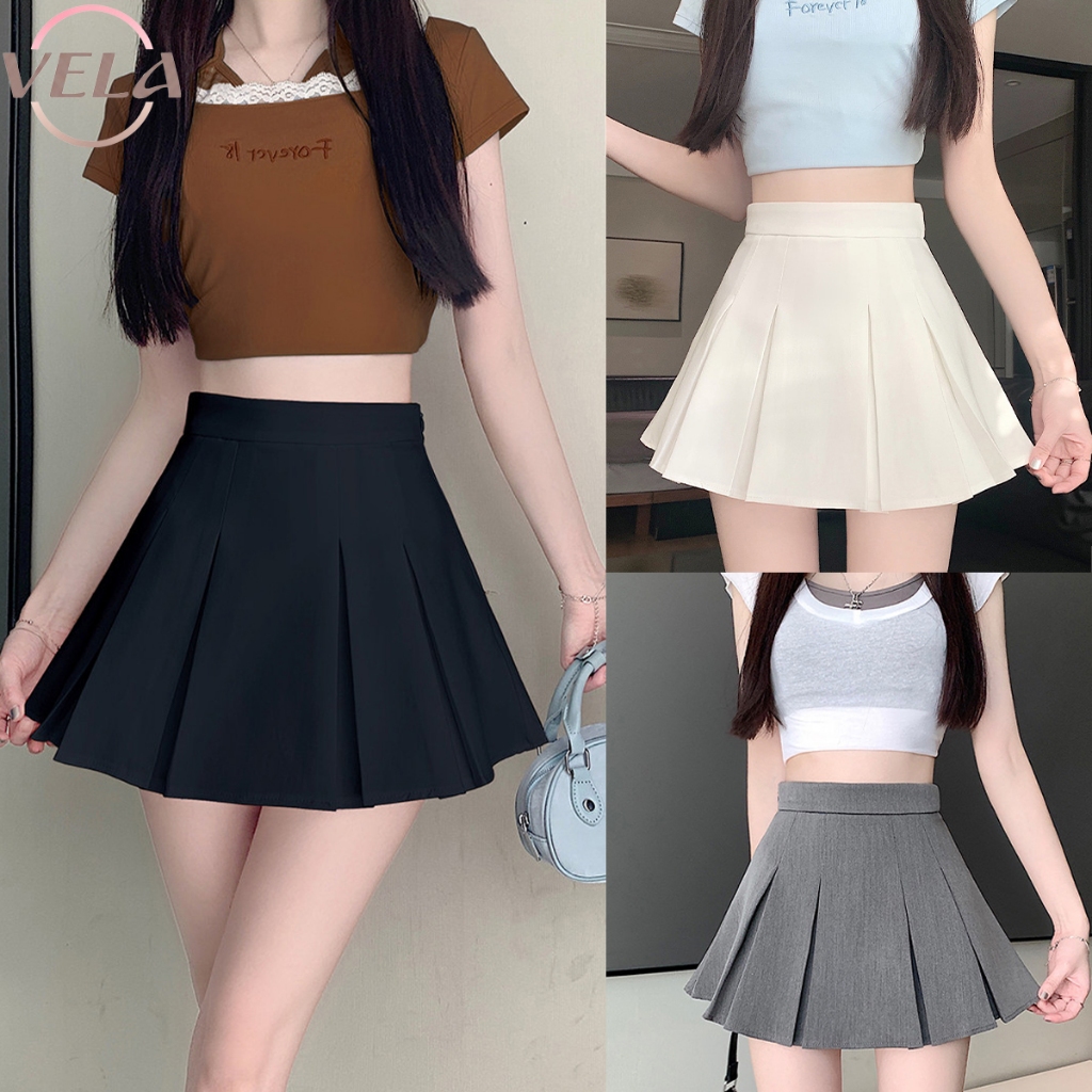 Vela [พร้อมส่งด่วน]กระโปรงเทนนิส ผ้าสูท Tennis Skirt สไตล์เกาหลี ทรง A เอวสูงสับๆ! ทรงสวย กระโปรงสั้น กระโปรงจีบ กระโปรงกางเกงเทนนิส