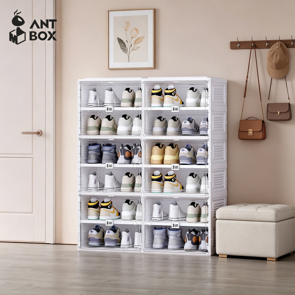 ANTBOX ขาว กล่องใส่รองเท้า-ตู้ใส่รองเท้า 24 คู่ ติดตั้งง่าย พับเก็บได้ มีหลายช่องเก็บ ประตูแม่เหล็ก 