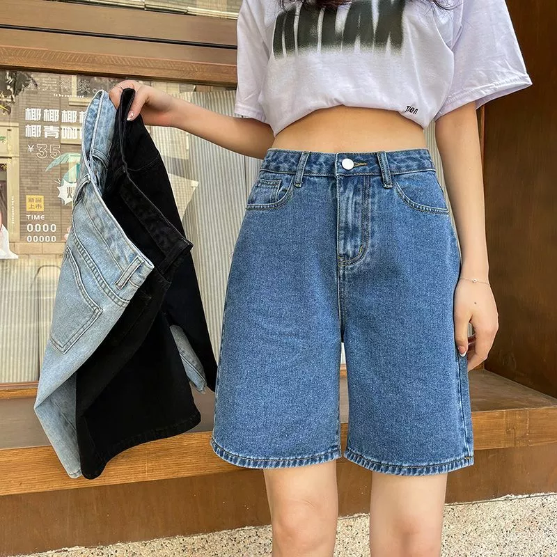 Solovely S-5XL พลัสไซส์ กางเกงขาสั้นเบอร์มิวดา ผู้หญิง สไตล์เกาหลี เอวสูง กางเกงขาสั้น สีพื้น ลำลอง ทรงครอป ยีนส์
