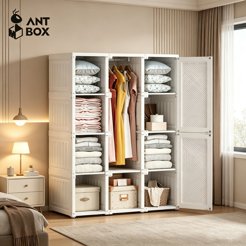 ANTBOX ตู้เสื้อผ้า ขาว 12 ช่อง 1 แขวน ติดตั้งง่าย สไตล์โมเดิร์น เหมาะกับการแต่งห้องทุกสไตล์