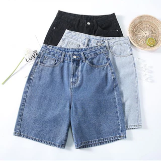 Solovely S-5XL พลัสไซส์ กางเกงขาสั้นเบอร์มิวดา ผู้หญิง สไตล์เกาหลี เอวสูง กางเกงขาสั้น สีพื้น ลำลอง ทรงครอป ยีนส์