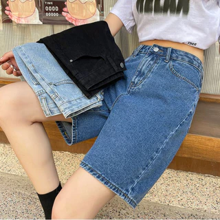 Solovely S-5XL พลัสไซส์ กางเกงขาสั้นเบอร์มิวดา ผู้หญิง สไตล์เกาหลี เอวสูง กางเกงขาสั้น สีพื้น ลำลอง ทรงครอป ยีนส์