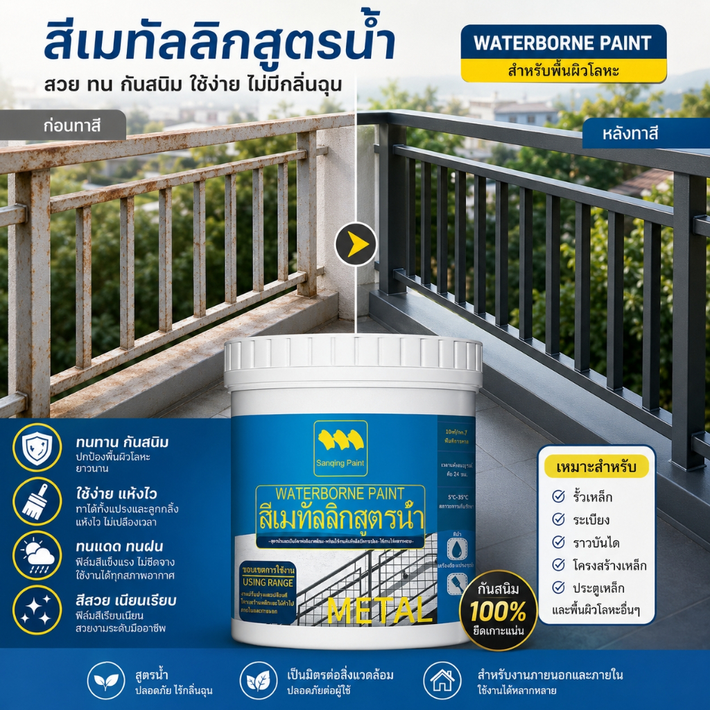 SanQing 1000ml สีทาเหล็กกันน้ำกันสนิม แห้งเร็ว ไม่มีสารพิษ ไม่มีกลิ่นฉุน  แถมอุปกรณ์ทาสีฟรี พร้อมส่ง