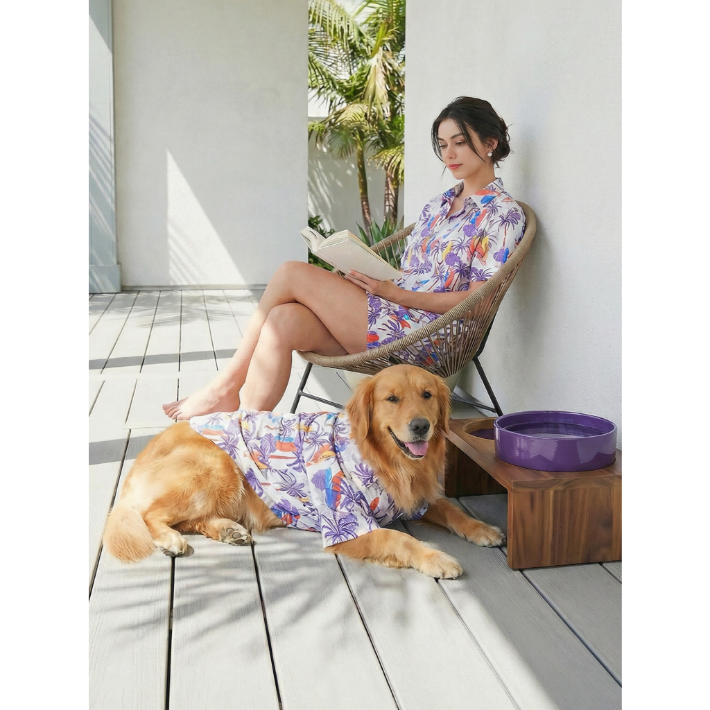 เสื้อกระดานโต้คลื่น Dog & Owner สีม่วงปาล์ม | เสื้อผ้าสัตว์เลี้ยงพิมพ์ลายโต้คลื่นฮาวาย S-6XL ชายหาดฤดูร้อน