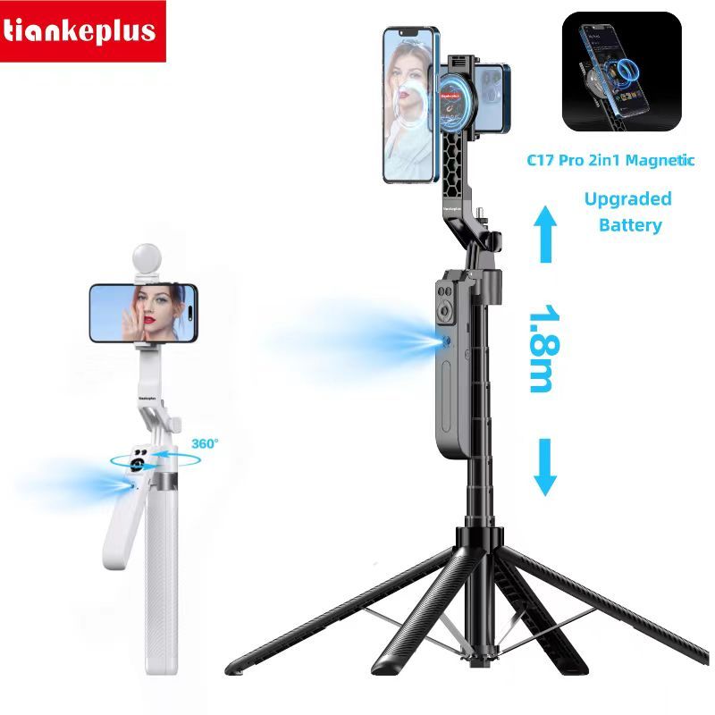 MagSafe ไม้เซลฟี่ AI อัจฉริยะ 2 in 1 Selfie Stick & Tripod ขาตั้งกล้อง อลูมิเนียม 1.8 M หมุน 360° กันสั่น ติดตามใบหน้าอัตโนมัติ C17Pro Tiankeplus