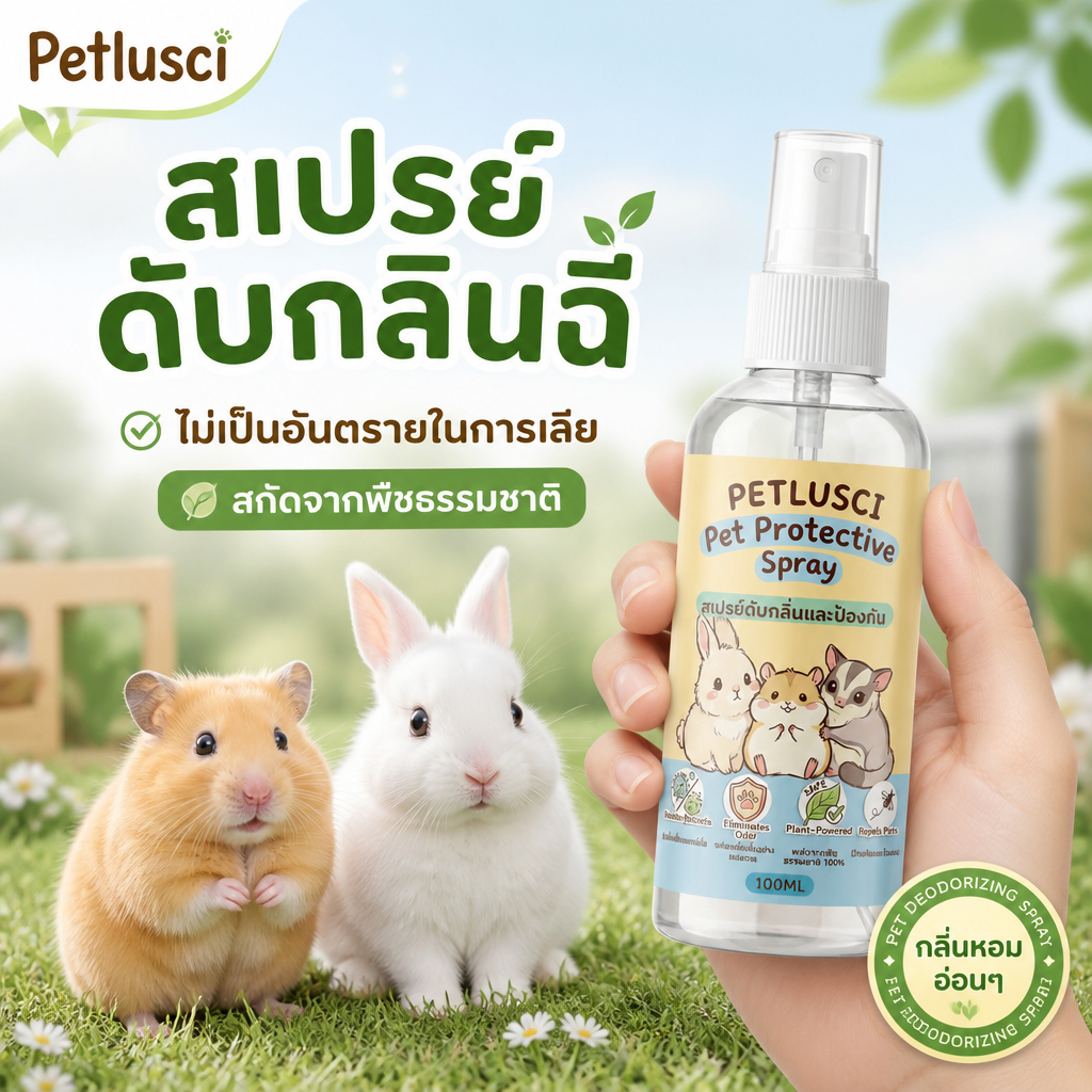 Petlusci สูตรพืช ยาฆ่าเห็บหมัด ดับกลิ่น ฉีดพ่นง่าย ไม่ทำร้ายสัตว์เลี้ยง หนูแฮมสเตอร์ กระต่าย ชูการ์ไรเดอร์ 100ml