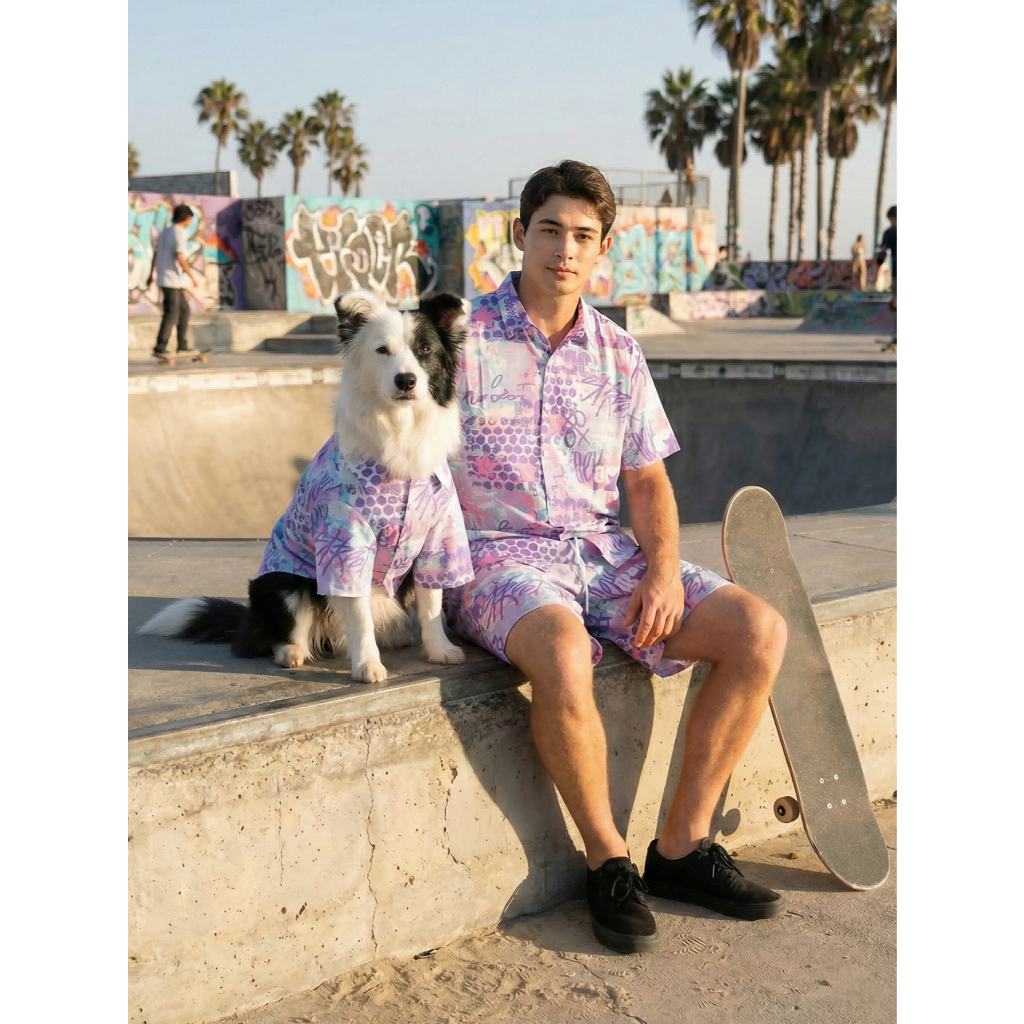 จับคู่ Dog & Owner เสื้อกราฟฟิตี้สีม่วงพาสเทล | เสื้อผ้าสัตว์เลี้ยงพิมพ์ลายศิลปะสตรีท S-6XL ชายหาดฤดูร้อน