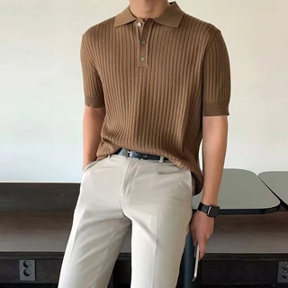 เสื้อโปโลผู้ชาย เสื้อคอปกแขนสั้น ผ้าถักเรยอน ลายทางแนวตั้ง ทรงสลิม สไตล์เกาหลี ใส่ทำงาน ใส่เที่ยว แฟชั่นผู้ชายฤดูร้อน Korean Casual Polo Shirt
