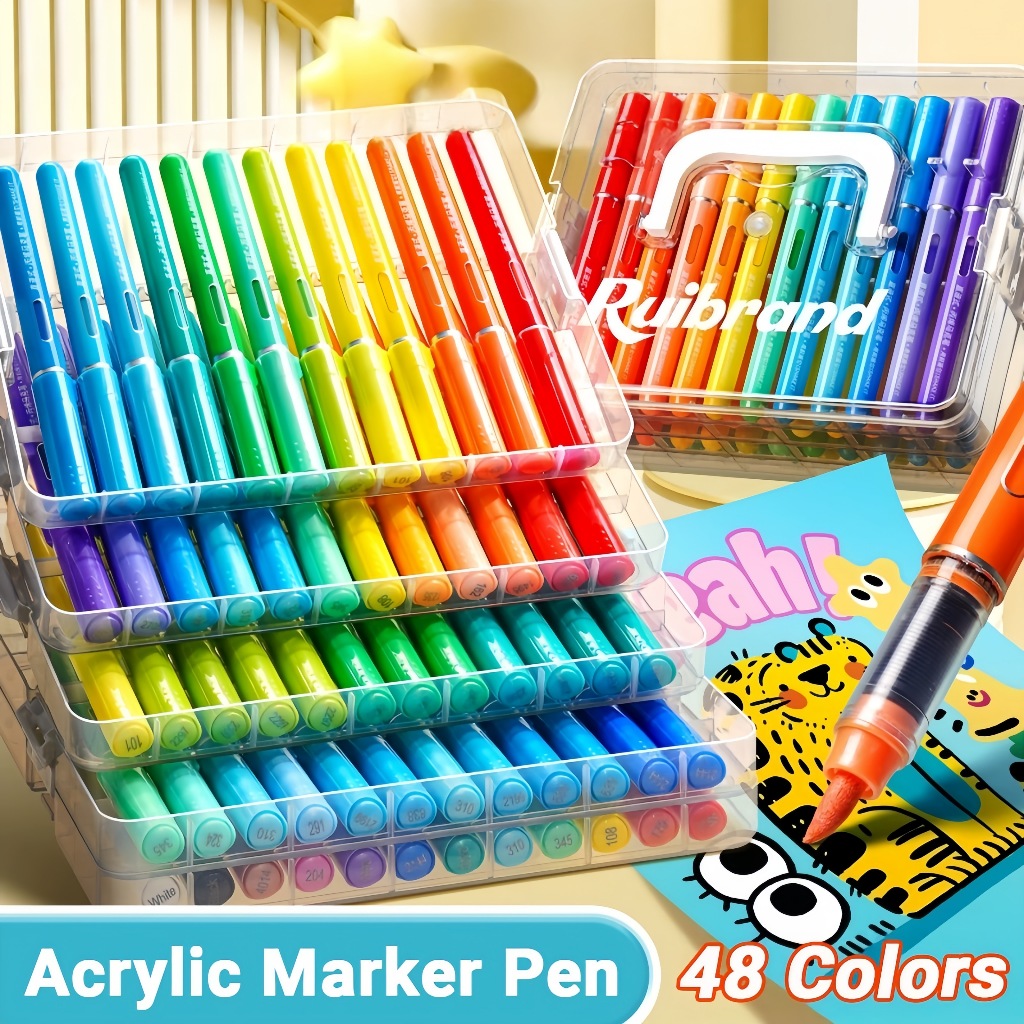 ปากกาอะคริลิค ด้ามสี ปากกามาร์คเกอร์อะคริลิค สีสด ปกปิดดี ปากกาเพ้นท์ DIY ปากกาเมจิก 48สี พร้อมกล่องเก็บ ปากกาสี เมจิก