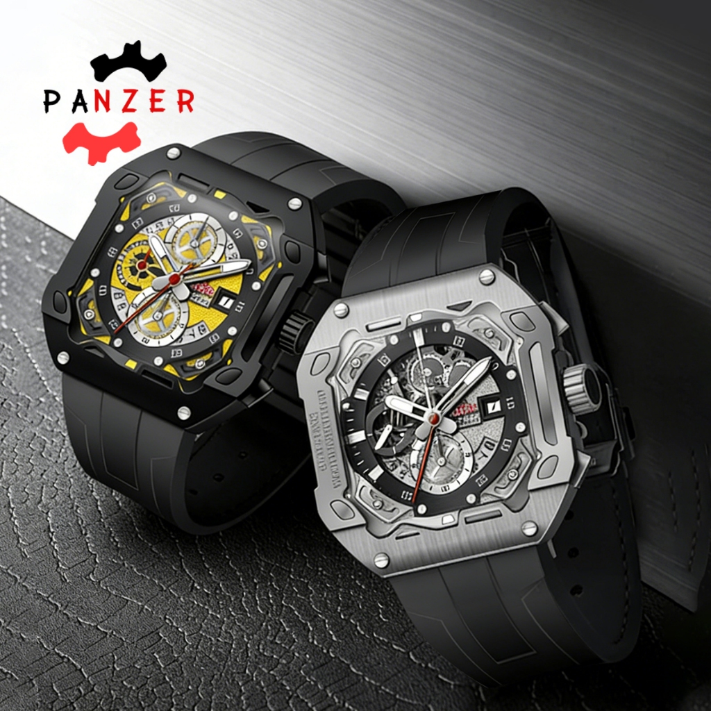 นาฬิกาโครโนกราฟควอตซ์ผู้ชาย PANZER Square – Square Case 3 Sub-Dials สายซิลิโคนเรืองแสงกันน้ํากีฬา Casual Daily