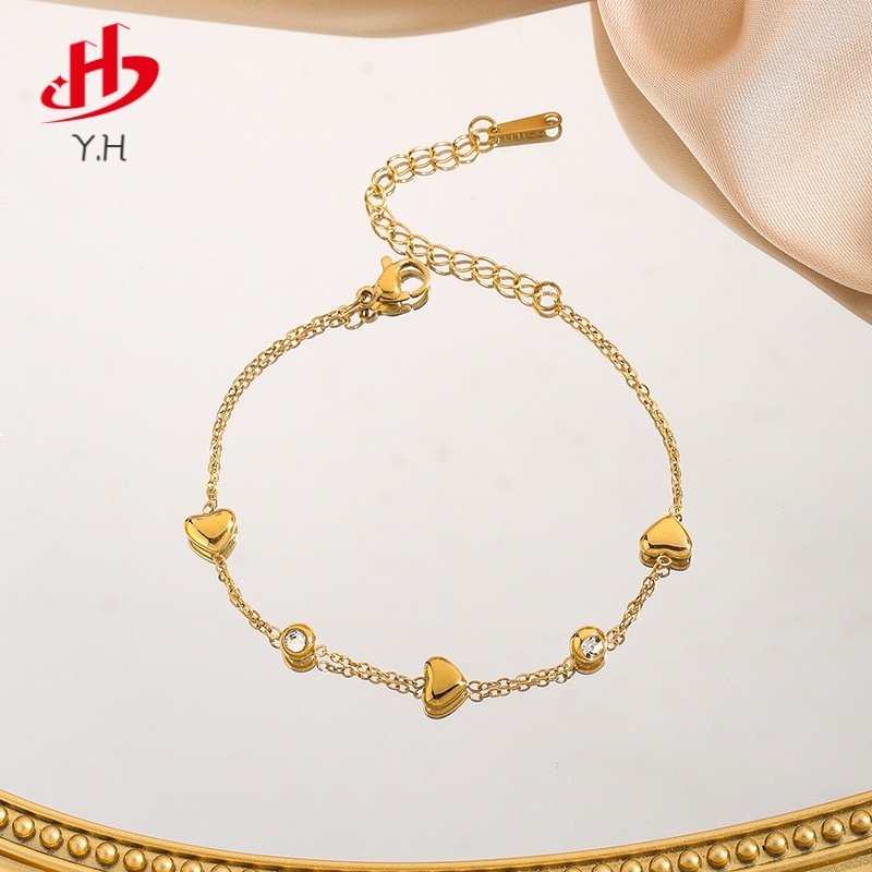 ⭐Y.H⭐ รูปหัวใจ เพชร ทองคำ 18K สร้อยข้อมือสแตนเลส