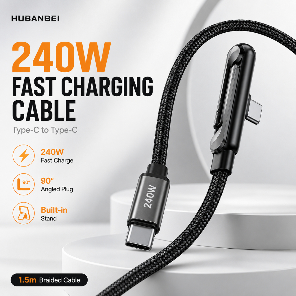 สายชาร์จเร็ว Type-C 240W พร้อมขาตั้งพับได้  สายถักมุมงอ 90° USB-C to USB-C สำหรับ iPhone 15 / Android / แล็ปท็อป (ยาว 1.5 ม.)