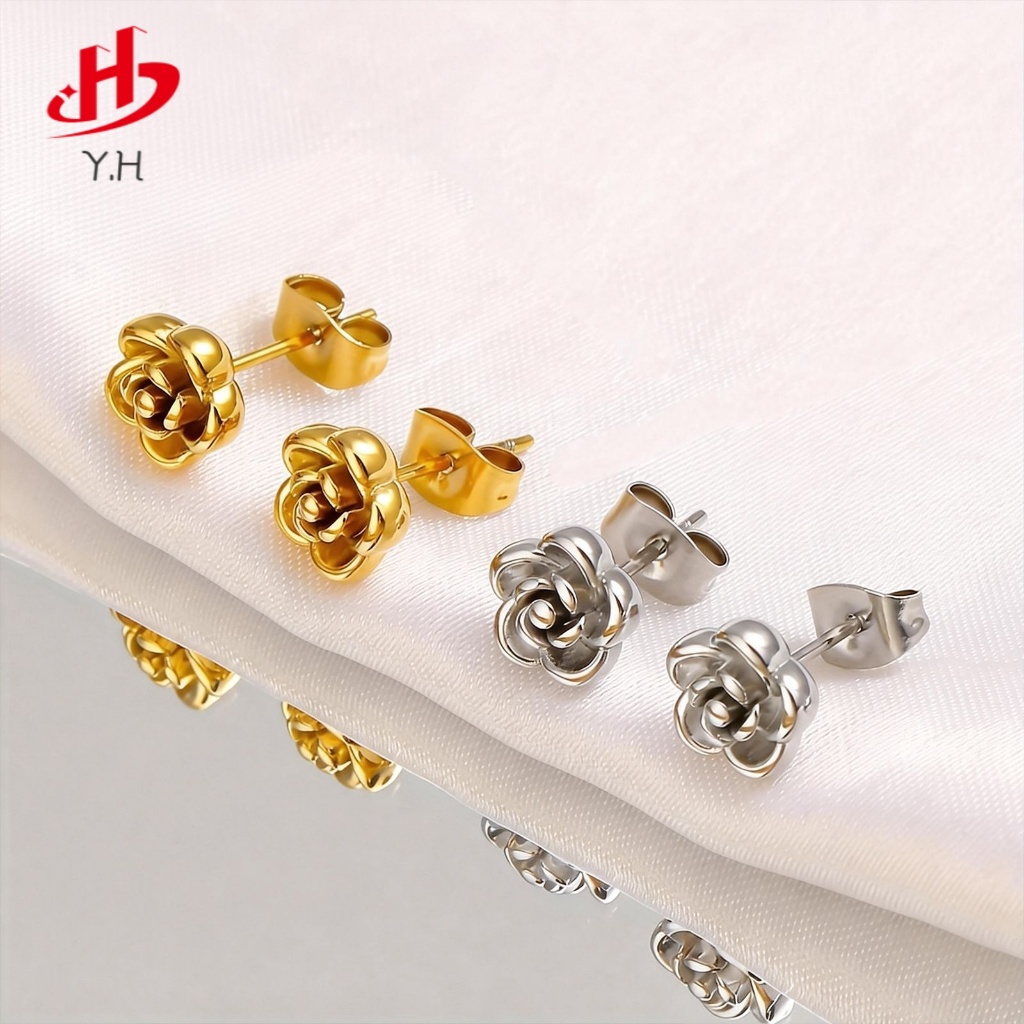 ⭐Y.H⭐ รุ่นใหม่ ดอกกุหลาบ ทอง 18K ต่างหูสแตนเลส