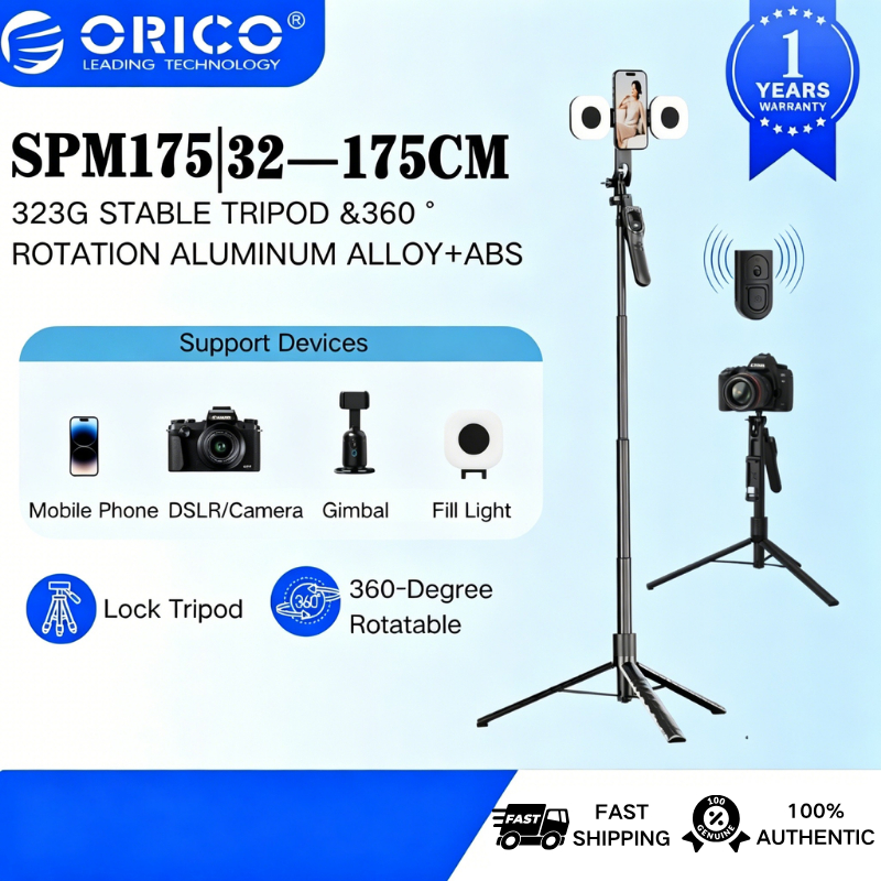 Orico ไม้เซลฟี่ ไม้ถ่ายเซลฟี่ ยืดได้ถึง 1.75m หมุนได้ 360º ไม้เซลฟี่ไร้สาย พร้อมรีโมทบลูทูธ ขาตั้งกล้อง ขาตั้งกล้องมือถือพร้อมไฟ tripod (SPM175)