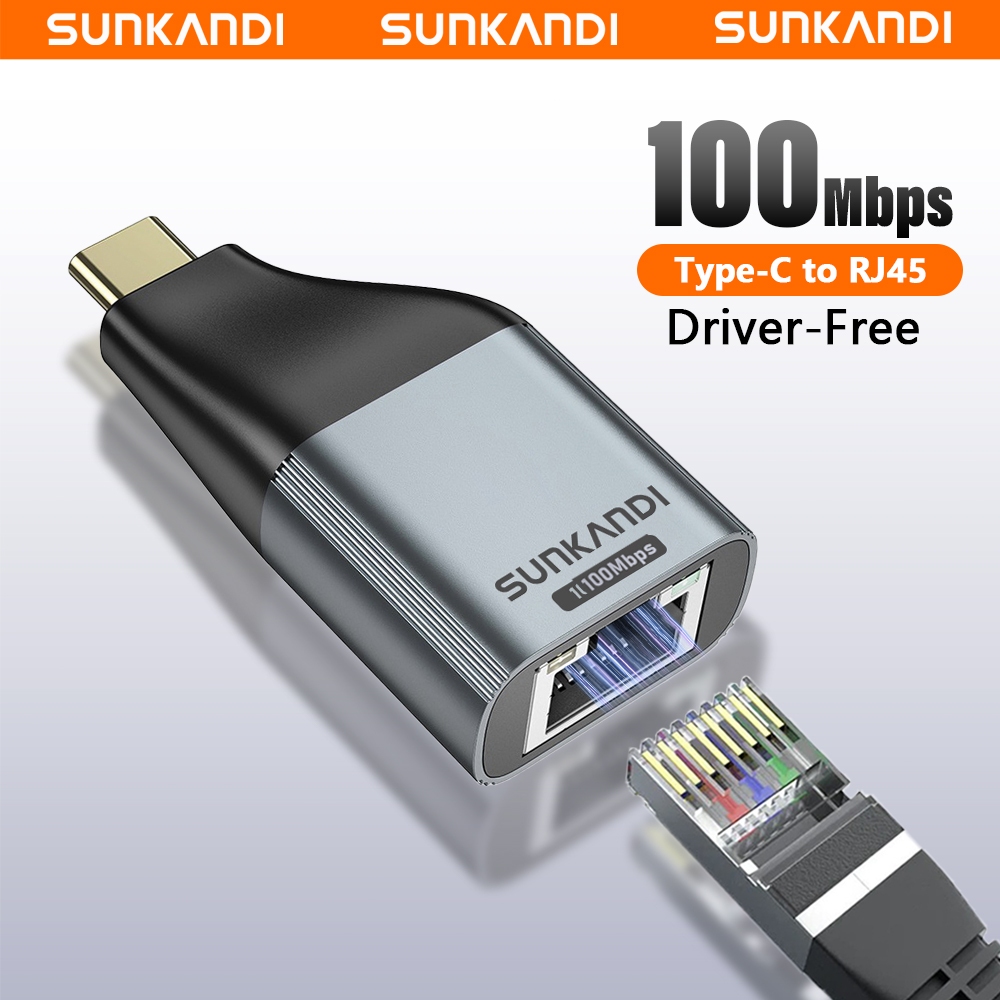 SUNKANDI อะแดปเตอร์ USB C เป็น Ethernet พอร์ตเครือข่าย Type-C รองรับการถ่ายโอน 100/1000Mbps สําหรับโทรศัพท์แล็ปท็อป