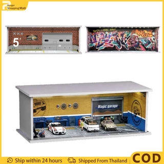 （COD）ฉากจำลองที่จอดรถ 1/64 กล่องใส่โมเดลรถ โรงรถ มีไฟ LED ชั้นวางของสะสม Hot Wheels Tomica ประกอบง่าย [30x13x11 cm]