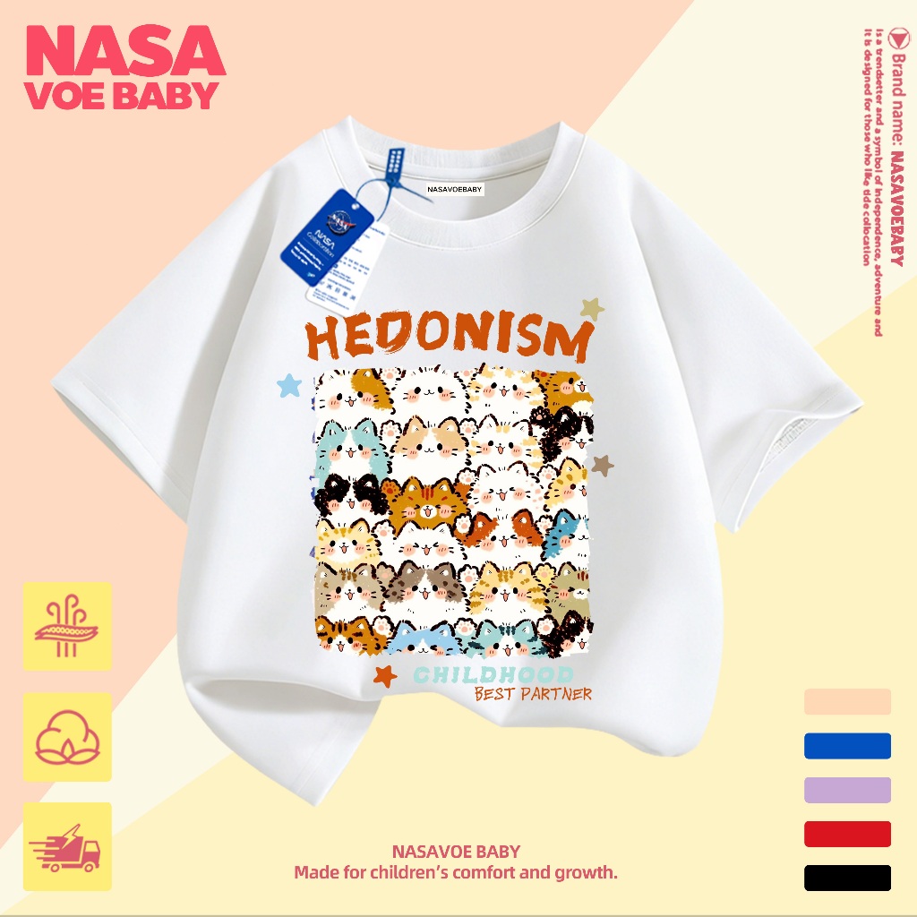 【ส่งเร็ว 24ชม】 เสื้อยืดเด็ก ลายการ์ตูนแมว ระบายอากาศดี ไม่ต้องรีด จัดส่งจากไทย 3-15 ปี