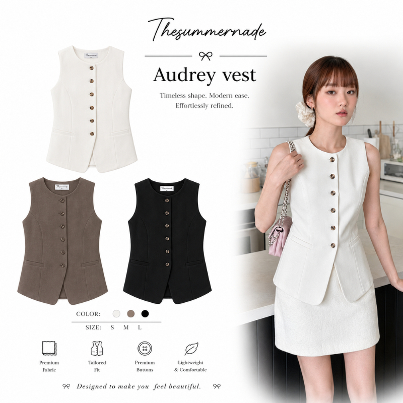 Thesummernade The Audrey เสื้อกั๊ก เสื้อกั๊กสูทสไตล์คอกลม กระดุมหน้า และเอวเข้ารูป เหมาะกับใส่ทํางาน