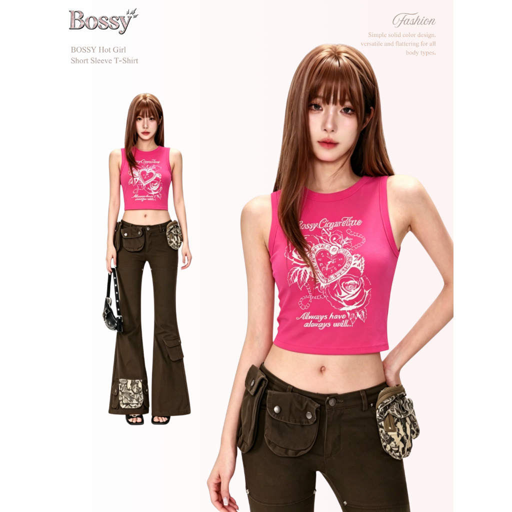 BOSSY เสื้อกล้ามสาวแซ่บ ลายตัวอักษรหัวใจ สไตล์อเมริกันวินเทจ ผ้าฝ้าย100%#C+5512
