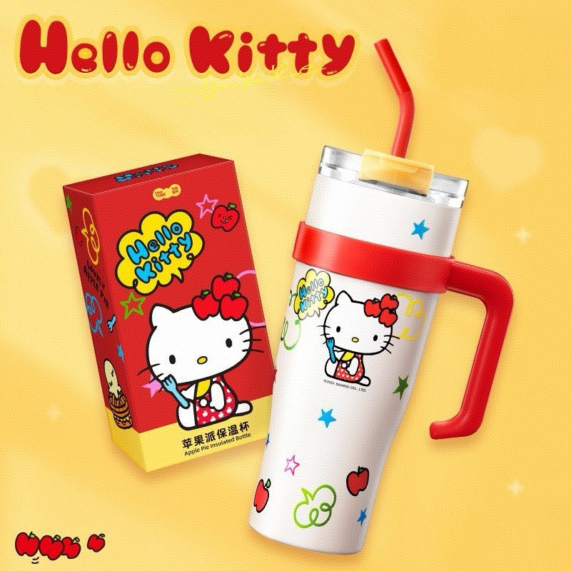 Hello Kitty Red Straw Insulated Tumblerถ้วยสูญญากาศสแตนเลสพร้อมฝาปิดและฟางสําหรับเครื่องดื่มเย็นร้อนของขวัญอะนิเมะน่ารัก