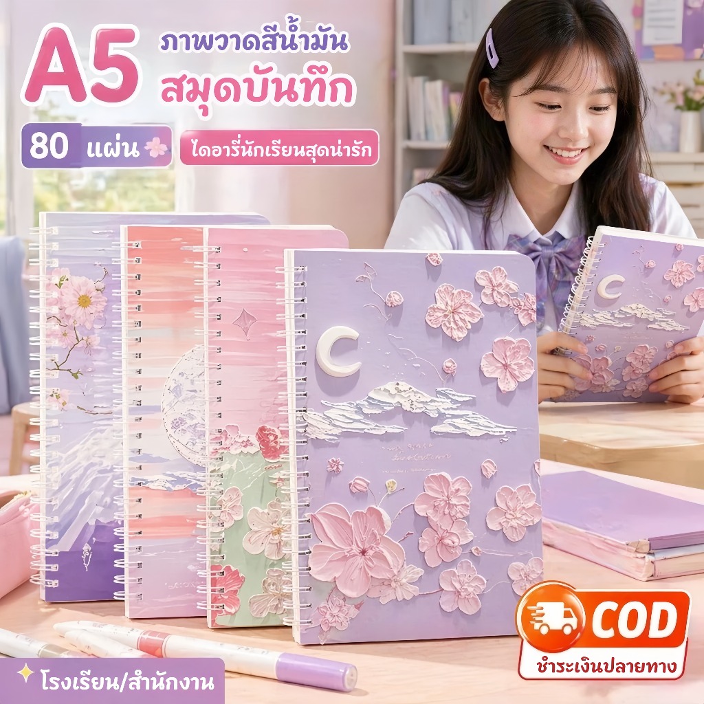 🔥ในไทย🔥 สมุดจดบันทึกสันห่วง อุปกรณ์การเรียน A5 สมุดโน๊ตจิ๋ว สมุดลายการ์ตูน สมุดโน๊ตสันห่วงA5 80แผ่น (สุ่มลาย)อุปกรณ์การเรียน พกพาง่าย