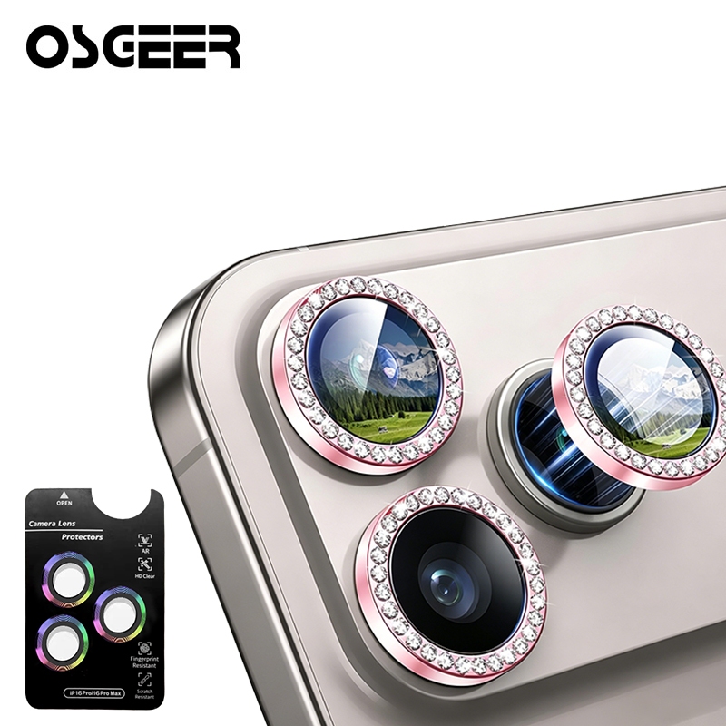 OSGEER สําหรับ iPhone 17 16 15 14 13 12 11 Pro Max ตัวป้องกันเลนส์กล้อง Bling, แหวนโลหะเพชรส่วนบุคคลที่มีความแข็ง 9H, ตัวป้องกันหน้าจอกล้องกันรอยขีดข่วนสําหรับผู้หญิง