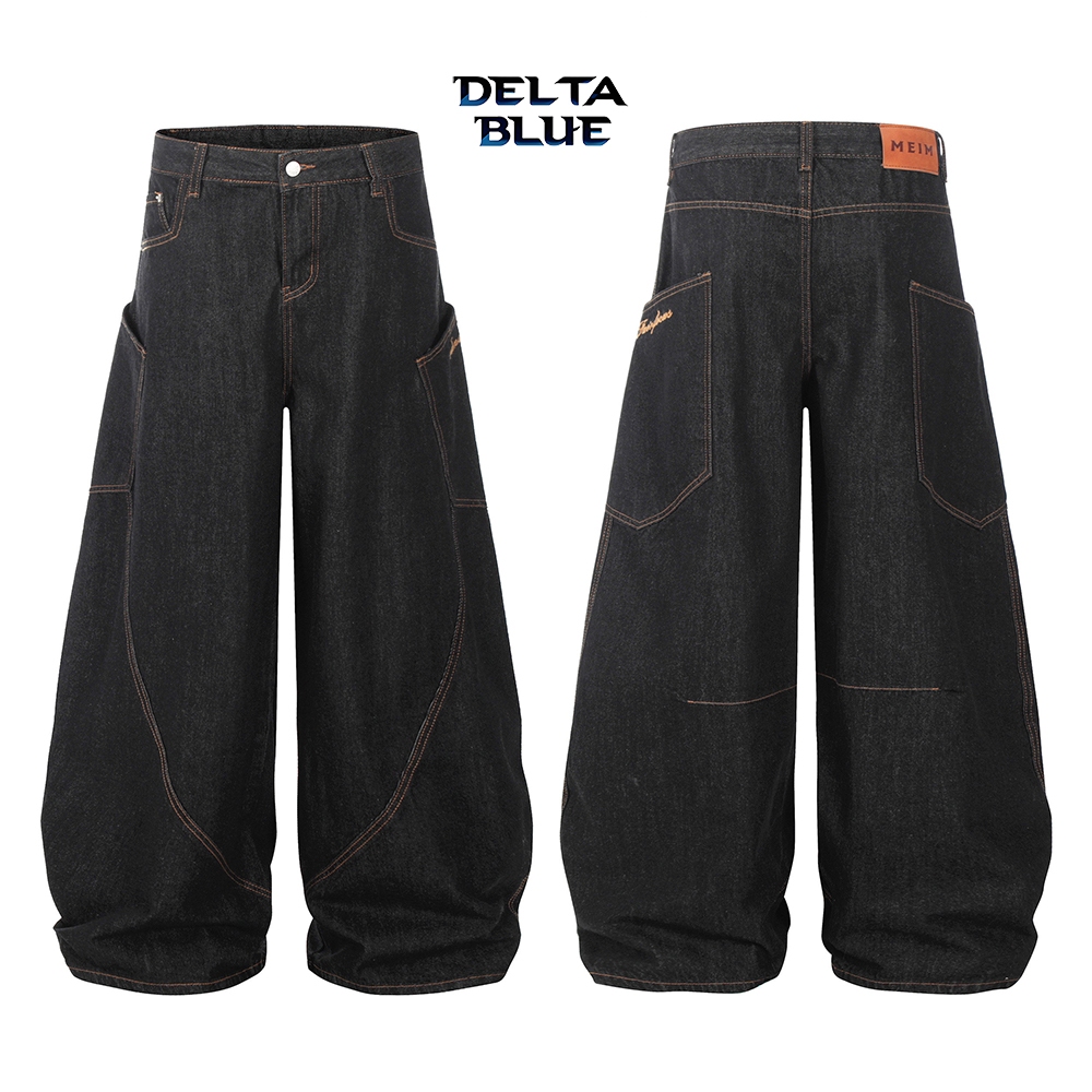 DELTA BLUE กางเกงยีนส์ผู้ชายมัดเท้า กางเกงยีนส์ทรงกระบอก baggy sweatpants ยีนส์ขายาว กางเกงcargo คาโก้ baggy jeans  ขายาว กระบอกใหญ่ อัพเกรดเอวเป็นยางยืด สายยางวิเศษ  กระเป๋า สีน้ําเงิน  Unisex/ชายหญิง ลุคเท่ๆ  รับประกันความพอดีสไตล์สตรีทแฟชั่