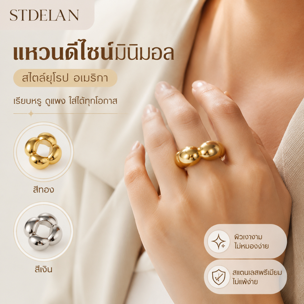 【STDELAN】แนะนำของขวัญวันเกิด แหวนผู้หญิงสไตล์เรขาคณิตยุโรปอเมริกา ทำจากสแตนเลสเกรดพรีเมียม ดีไซน์สวยผิวเงางาม มีสีทองกับสีเงินสแตนเลสให้เลือก