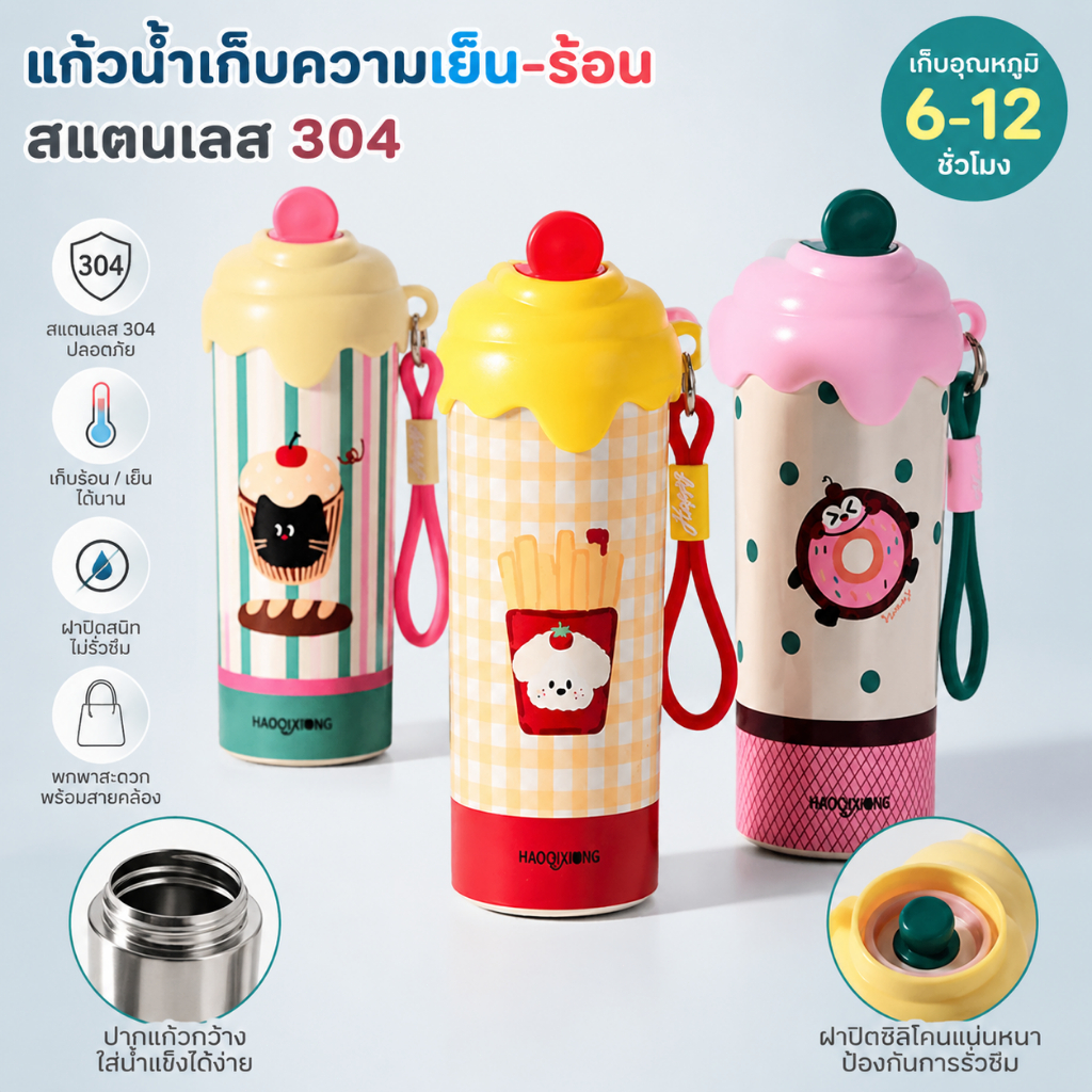แก้วน้ำเก็บความเย็น แก้วน้ำสแตนเลส316 ฝาไอศกรีม มีสายหูหิ้ว พกพาสะดวก เก็บความเย็นได้นาน ลายน่ารัก