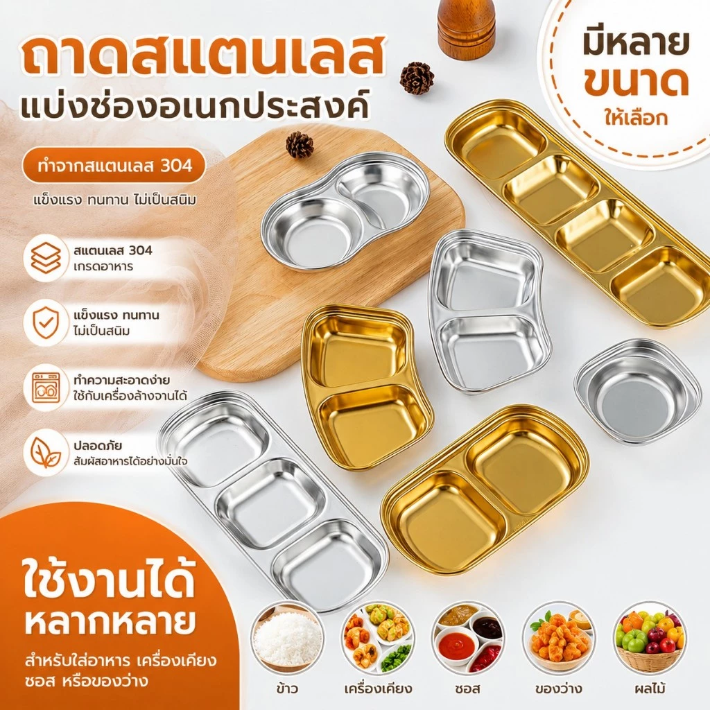 ✨ส่งจากไทย✨จานน้ำจิ้ม สีทอง จานซอสหม้อไฟ จานบาร์บีคิว เกรดสแตนเลส ฟู้ดเกรด 1/2/3/4 ช่อง สีเงิน/สีทอง