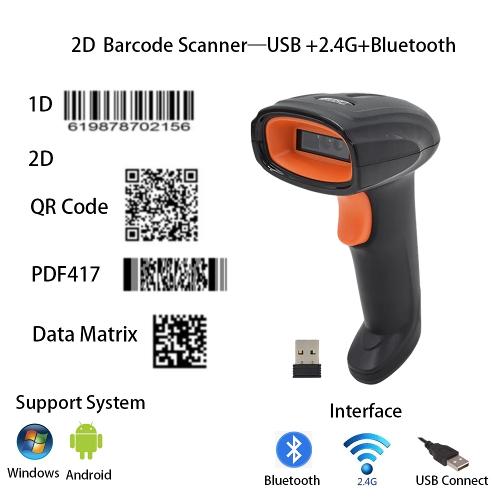5 สีและรุ่นที่แตกต่างกันคุณภาพสูงแบบมีสาย/ไร้สาย/บลูทูธ 1D 2D QR Barcode Scanner มือถือแบบพกพา