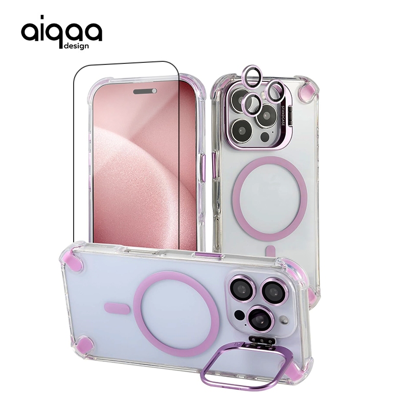 AIQAA สําหรับ iPhone Case 17 16 15 14 13 12 11Pro Max/Plus พร้อม 180° Stash Stand(การป้องกันเลนส์กล้องและเชือกเส้นเล็กโทรศัพท์), การป้องกันเกรดทหาร, แม่เหล็กโปร่งใสน่ารัก