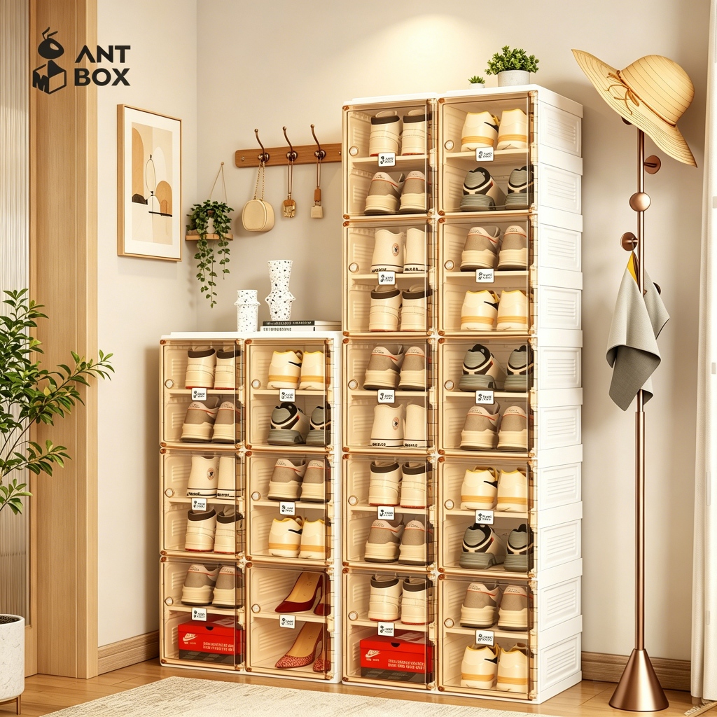 ANTBOX [พร้อมส่ง !! ] กล่องใส่รองเท้า 2 แถว ติดตั้งง่าย พับเก็บได้ มีหลายช่องเก็บ ประตูแม่เหล็ก แข็งแรงทนทาน กันน้ำกันแดด