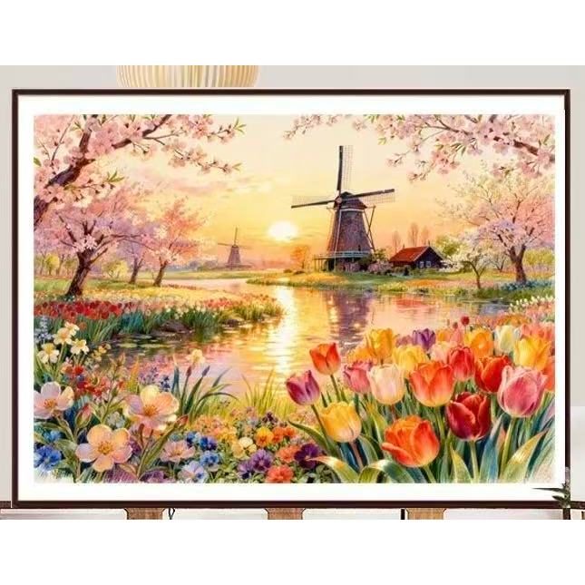 ทิวลิปกังหันลมชุดปักครอสติส 2026 รูปแบบใหม่ที่สวยงามภูมิทัศน์การพิมพ์ปักครอสติเย็บปักถักร้อยของตัวเอง
