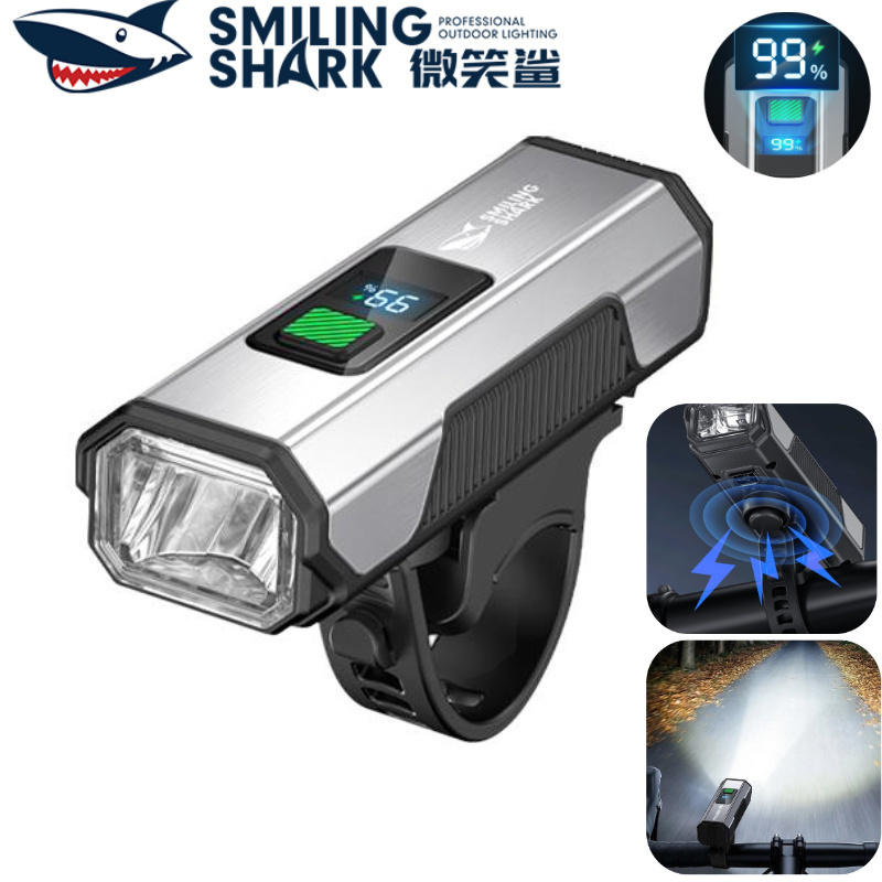 SMILING SHARK ชาร์จไฟจักรยาน Super Bright LED จักรยาน Horn 5 โหมด Type-c ขี่จักรยานกันน้ํากลางแจ้ง Night ขี่จักรยาน QXD339