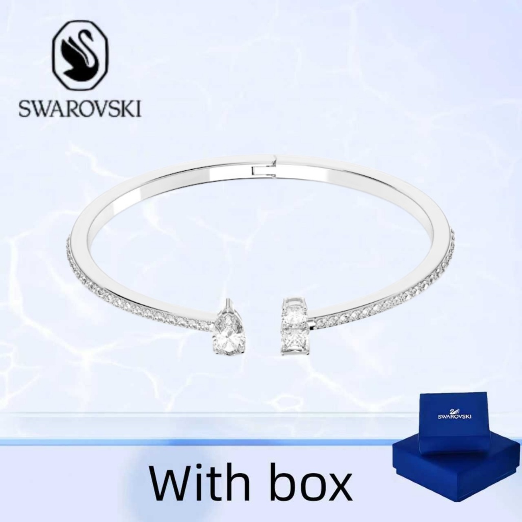 Swarovski (พร้อมกล่อง) ซื้อสร้อยข้อมือเครื่องประดับเงินแท้ Mesmera Elegant Classic White เลียนแบบคริสตัลสร้อยข้อมือกว้าง