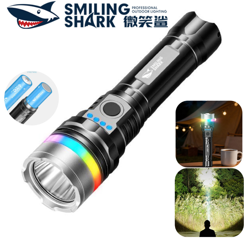 SMILING SHARK ไฟฉาย LED ชาร์จไฟฉาย COB แสงสี 4 โหมด 21700 Type-c Spot Light กันน้ํากลางแจ้ง Camping เดินป่า SD5473