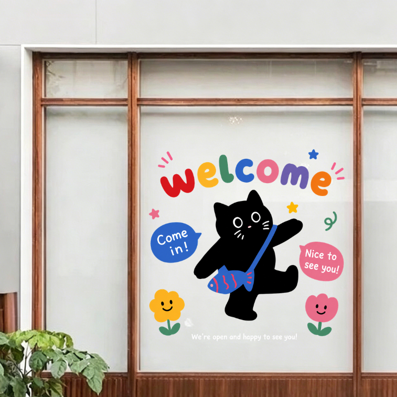 สติ๊กเกอร์กระจกไร้กาว การ์ตูนแมวยินดีต้อนรับออกแบบร้านค้าหน้าต่างตกแต่ง ง เอแคลส์ สติกเกอร์สูญญากาศสติกเกอร์ไฟฟ้าสถิตวัสดุพีวีซี
