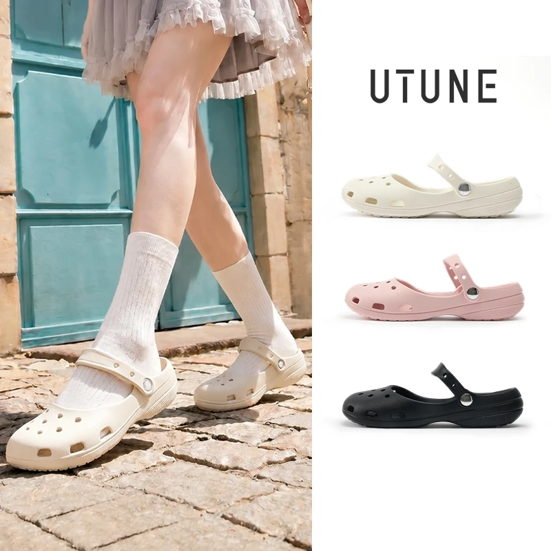 UTUNE รองเท้าผู้หญิง Mary Jane Clog สไตล์วินเทจ พื้นเรียบ สำหรับชายหาด รองเท้าแตะ Slip-On นุ่มสบาย กันลื่น ระบายอากาศ ทำจาก EVA สำหรับกิจกรรมกลางแจ้ง