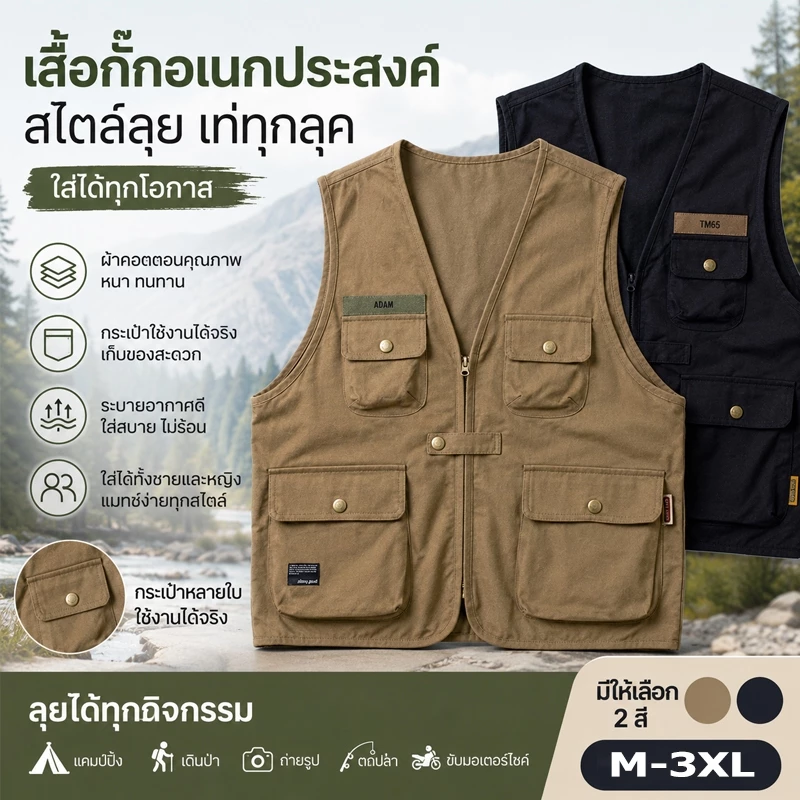 เสื้อกั๊กผู้ชาย เสื้อกั๊ก ทรงหลวม สไตล์เกาหลี น้ำหนักเบาและระบายอากาศได้ดี เหมาะสำหรับกิจกรรมกลางแจ้ง M ถึง 3XL