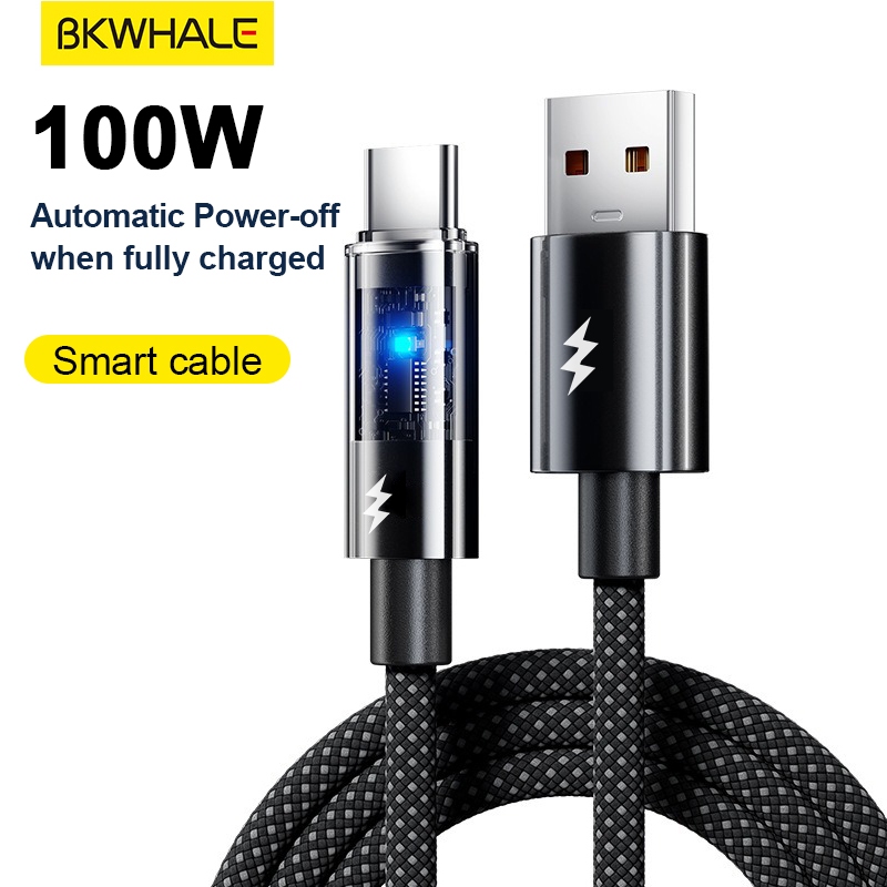 Bkwhale 6A 100W Type C ถึง Type C สายชาร์จเร็วปิดอัตโนมัติสายเคเบิลข้อมูล USB C