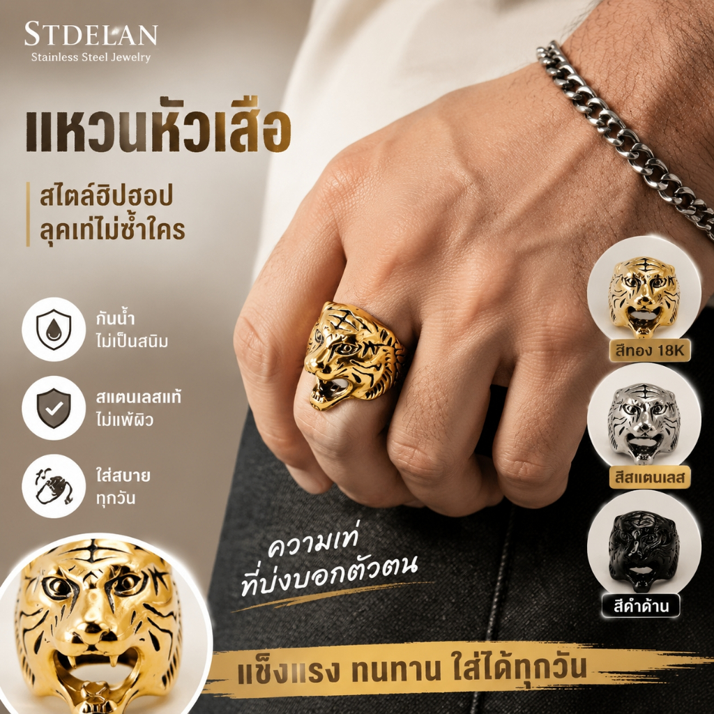 【STDELAN】แหวนผู้ชายลายหัวเสือสไตล์ฮิปฮอปยุโรปอเมริกัน กันเหงื่อกันสนิม มีสีดำ สีทอง สีสแตนเลสให้เลือก ไม่แพ้ผิว เหมาะสวมใส่ทุกวัน